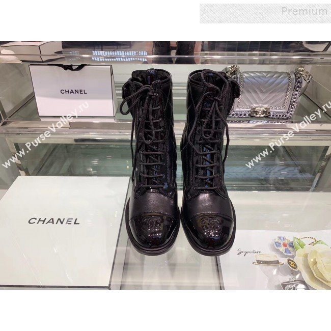 Chanel Quilted Patent Calfskin Lace-up Short Boots G35281 Black 2019 (XO-9120601)