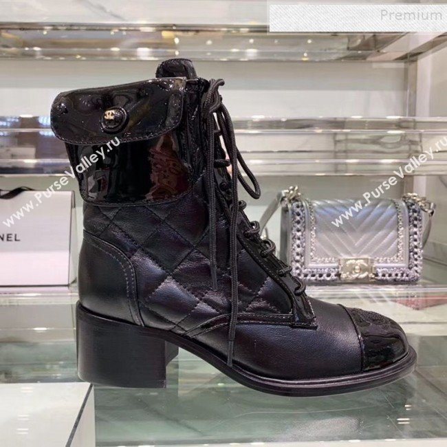 Chanel Quilted Patent Calfskin Lace-up Short Boots G35281 Black 2019 (XO-9120601)