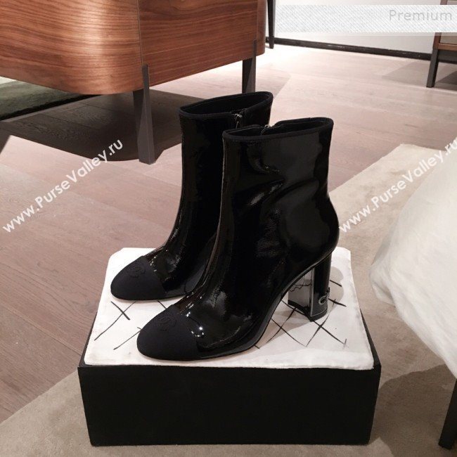 Chanel Patent Leather Logo Heel Zipped Short Boots Black 2020 (KL-9120608)