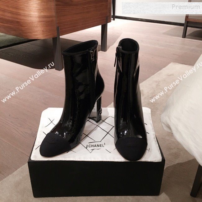 Chanel Patent Leather Logo Heel Zipped Short Boots Black 2020 (KL-9120608)