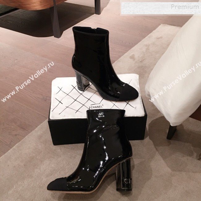 Chanel Patent Leather Logo Heel Zipped Short Boots Black 2020 (KL-9120608)