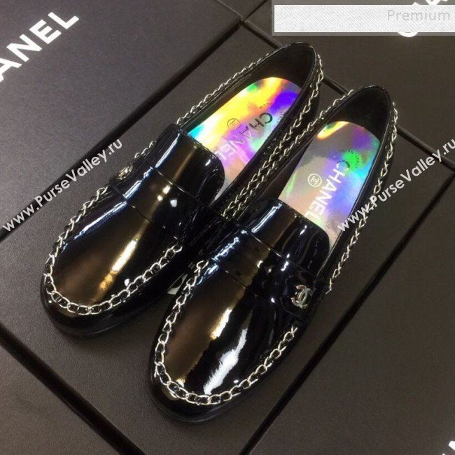 Chanel Patent Calfskin Rainbow Lining Chain Flat Loafers G35631 Black 2020 (DLY-9120612)