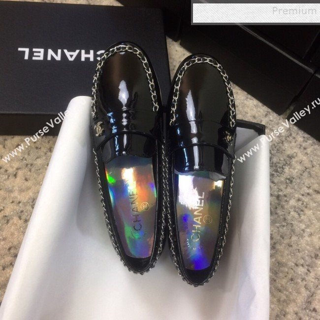 Chanel Patent Calfskin Rainbow Lining Chain Flat Loafers G35631 Black 2020 (DLY-9120612)