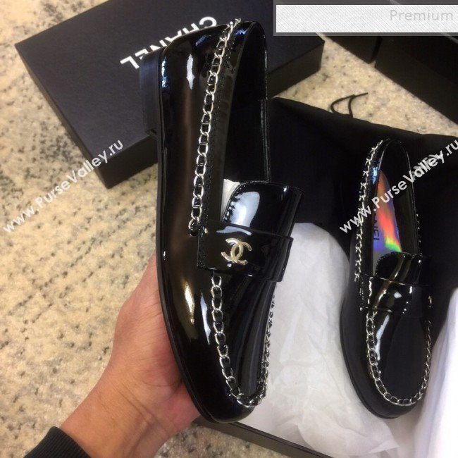 Chanel Patent Calfskin Rainbow Lining Chain Flat Loafers G35631 Black 2020 (DLY-9120612)