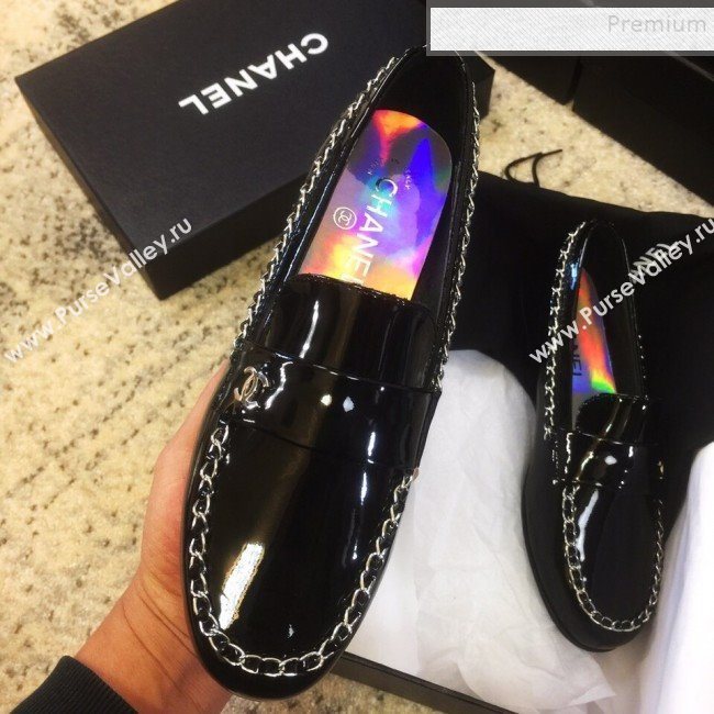 Chanel Patent Calfskin Rainbow Lining Chain Flat Loafers G35631 Black 2020 (DLY-9120612)