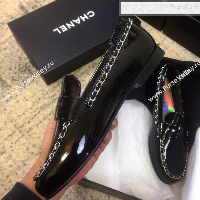 Chanel Patent Calfskin Rainbow Lining Chain Flat Loafers G35631 Black 2020 (DLY-9120612)