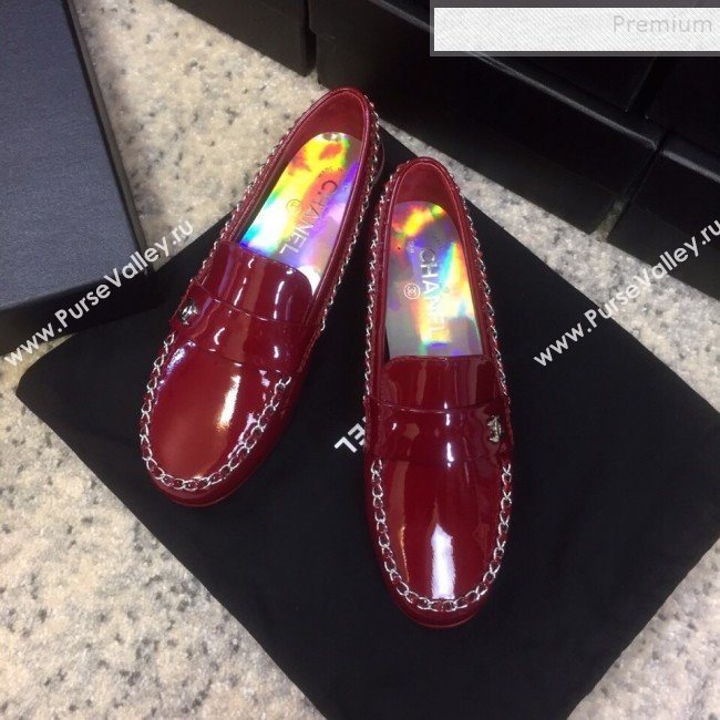 Chanel Patent Calfskin Rainbow Lining Chain Flat Loafers G35631 Red 2020 (DLY-9120613)