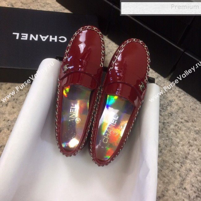 Chanel Patent Calfskin Rainbow Lining Chain Flat Loafers G35631 Red 2020 (DLY-9120613)