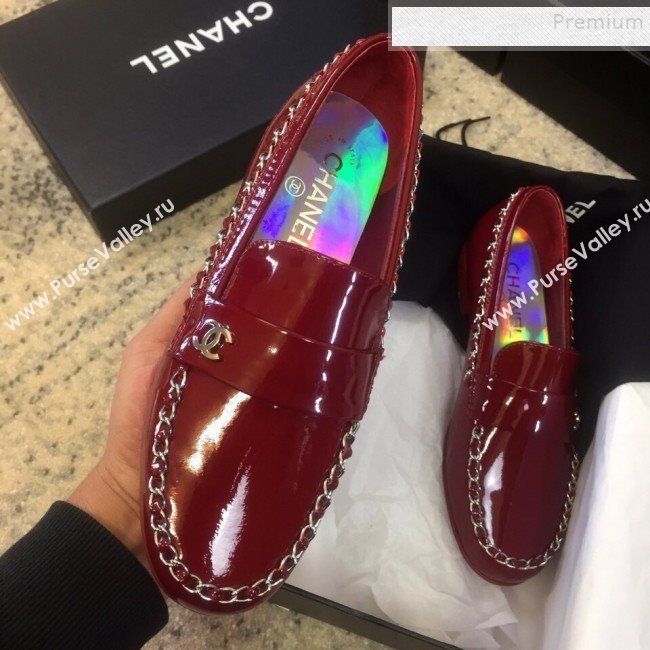 Chanel Patent Calfskin Rainbow Lining Chain Flat Loafers G35631 Red 2020 (DLY-9120613)