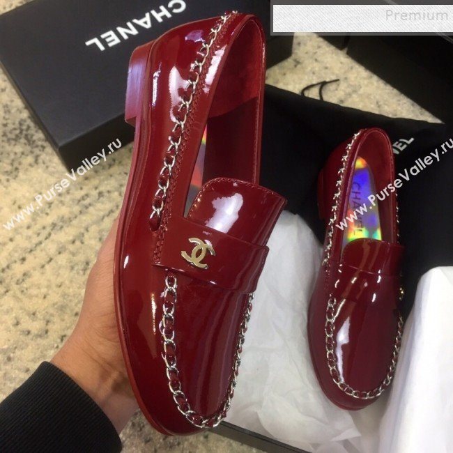 Chanel Patent Calfskin Rainbow Lining Chain Flat Loafers G35631 Red 2020 (DLY-9120613)