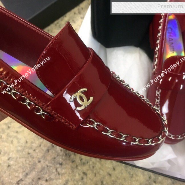 Chanel Patent Calfskin Rainbow Lining Chain Flat Loafers G35631 Red 2020 (DLY-9120613)