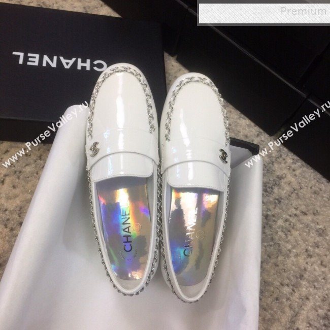 Chanel Patent Calfskin Rainbow Lining Chain Flat Loafers G35631 White 2020 (DLY-9120614)