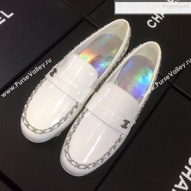 Chanel Patent Calfskin Rainbow Lining Chain Flat Loafers G35631 White 2020 (DLY-9120614)