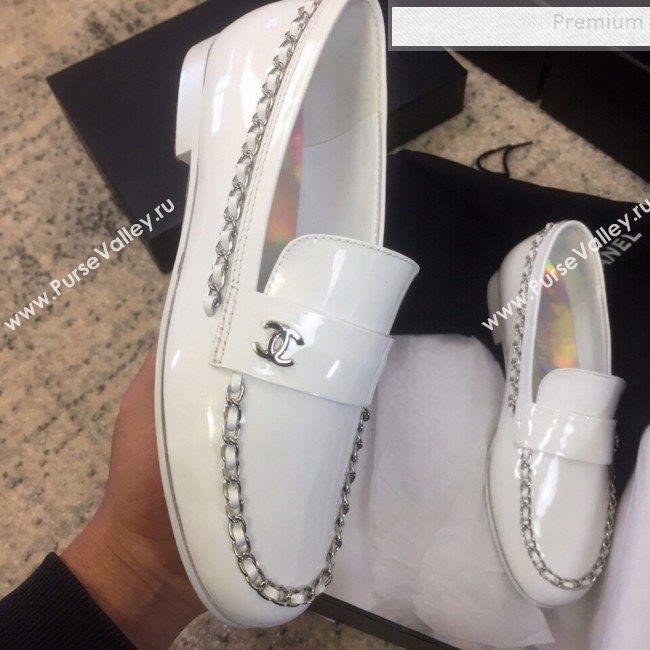 Chanel Patent Calfskin Rainbow Lining Chain Flat Loafers G35631 White 2020 (DLY-9120614)