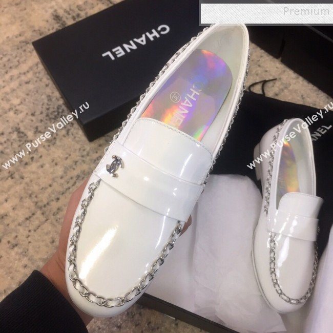 Chanel Patent Calfskin Rainbow Lining Chain Flat Loafers G35631 White 2020 (DLY-9120614)