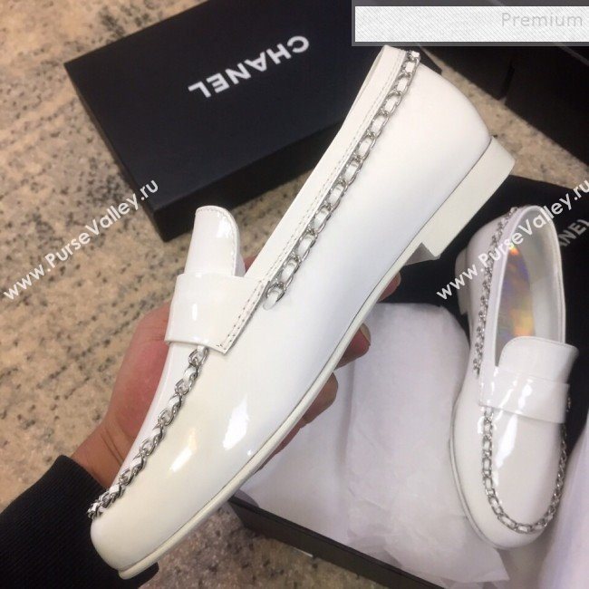 Chanel Patent Calfskin Rainbow Lining Chain Flat Loafers G35631 White 2020 (DLY-9120614)