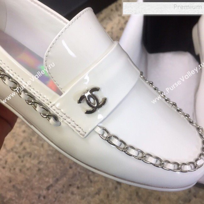 Chanel Patent Calfskin Rainbow Lining Chain Flat Loafers G35631 White 2020 (DLY-9120614)