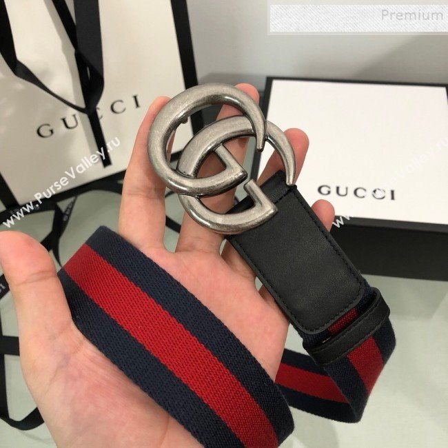 Gucci Web Fabric Belt 38mm with GG Buckle Red/Blue/Silver 2019 (99-9120650)