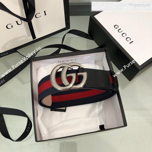 Gucci Web Fabric Belt 38mm with GG Buckle Red/Blue/Silver 2019 (99-9120650)