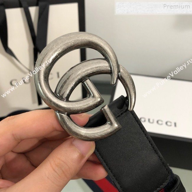 Gucci Web Fabric Belt 38mm with GG Buckle Red/Blue/Silver 2019 (99-9120650)