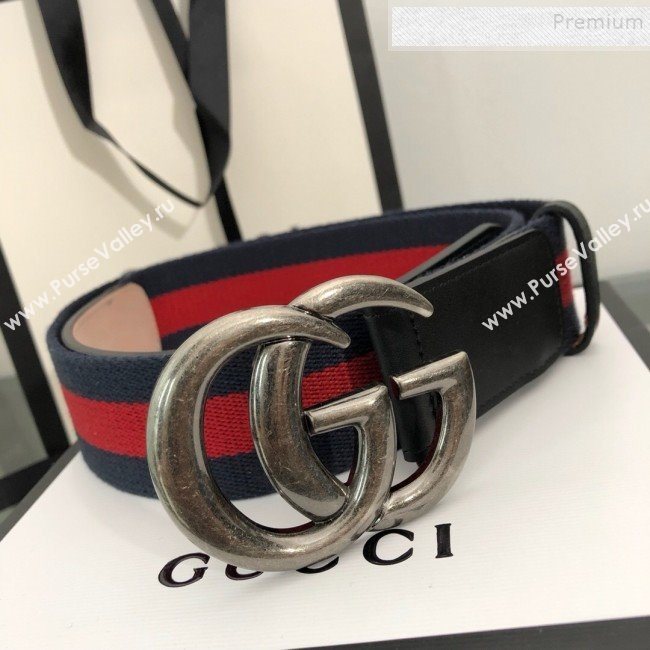 Gucci Web Fabric Belt 38mm with GG Buckle Red/Blue/Silver 2019 (99-9120650)