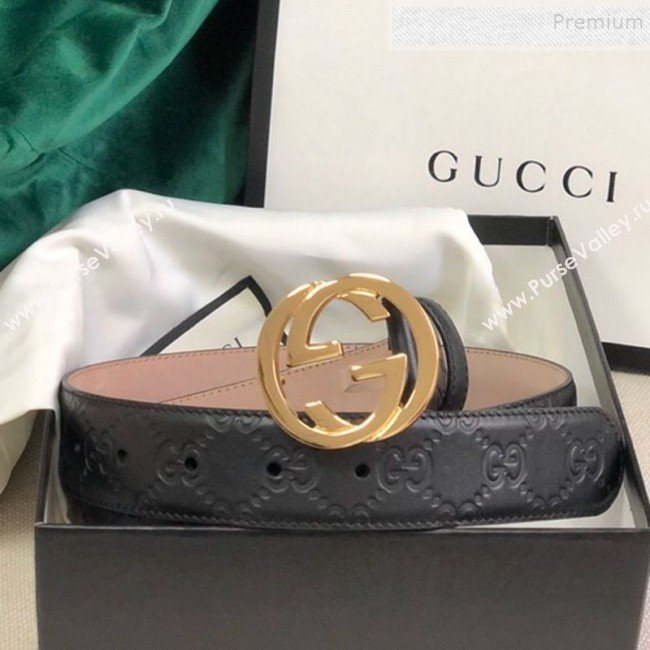 Gucci GG Embossed Leather Belt 34mm with GG Buckl Black 01 (99-9120647)