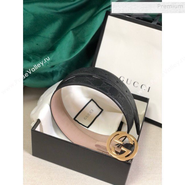 Gucci GG Embossed Leather Belt 34mm with GG Buckl Black 01 (99-9120647)