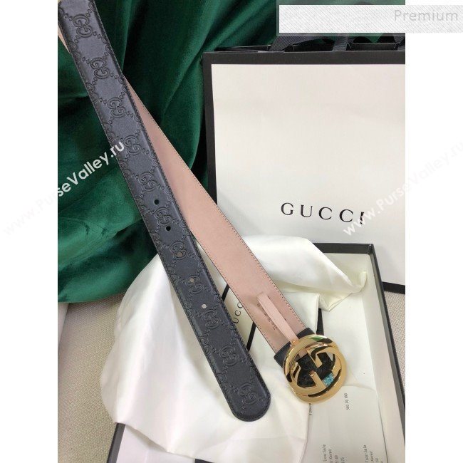 Gucci GG Embossed Leather Belt 34mm with GG Buckl Black 01 (99-9120647)