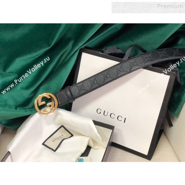 Gucci GG Embossed Leather Belt 34mm with GG Buckl Black 01 (99-9120647)