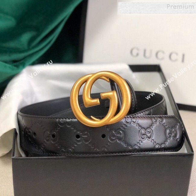 Gucci GG Embossed Leather Belt 34mm with GG Buckl Black 02 (99-9120648)