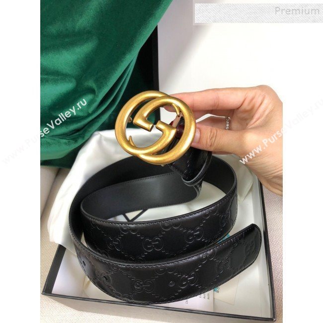 Gucci GG Embossed Leather Belt 34mm with GG Buckl Black 02 (99-9120648)