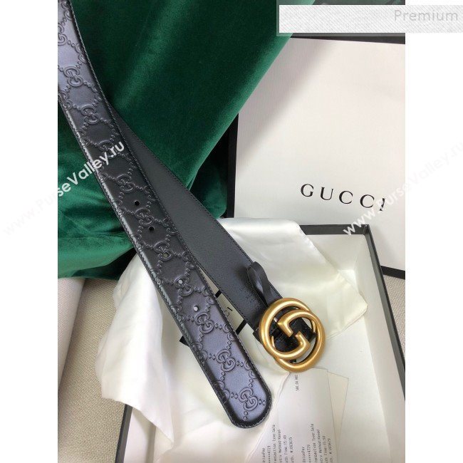 Gucci GG Embossed Leather Belt 34mm with GG Buckl Black 02 (99-9120648)