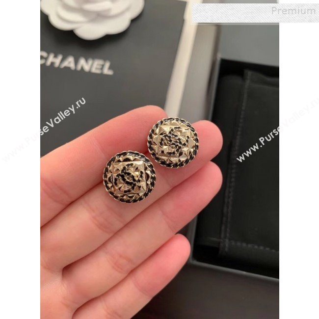 Chanel Quilted Metal Chain Leather Round Stud Earrings AB3047 Black/Gold 2019 (YF-9120657)