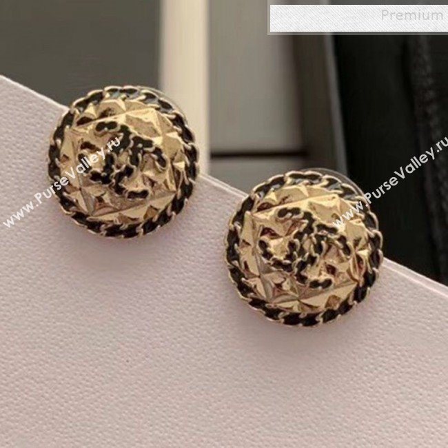 Chanel Quilted Metal Chain Leather Round Stud Earrings AB3047 Black/Gold 2019 (YF-9120657)