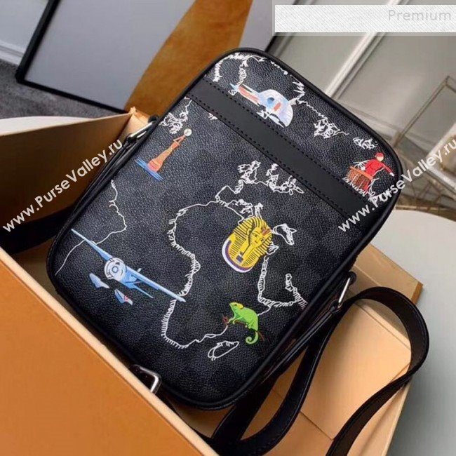 Louis Vuitton Mens Danube Slim PM Map Print Damier Graphite Canvas Shoulder Bag N40239 2019 (KIKI-9120416)