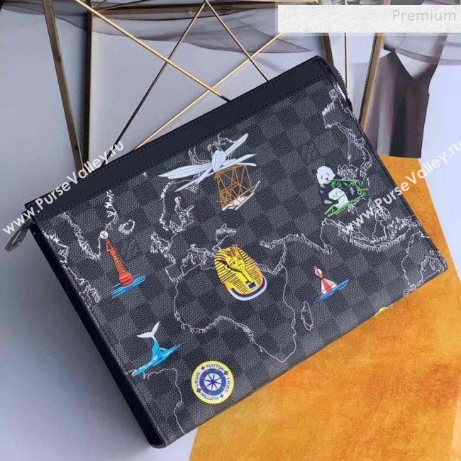 Louis Vuitton Mens Pochette Voyage MM Pouch Map Print Damier Graphite Canvas N41696 2019 (KIKI-9120420)