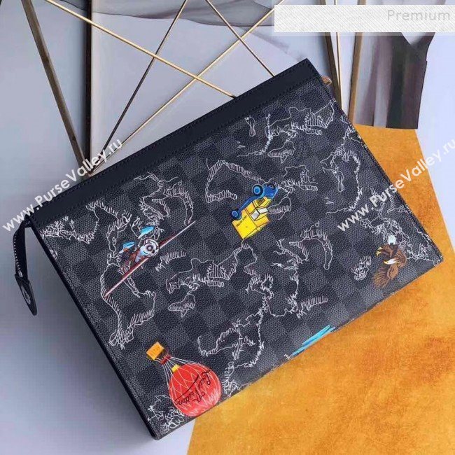 Louis Vuitton Mens Pochette Voyage MM Pouch Map Print Damier Graphite Canvas N41696 2019 (KIKI-9120420)