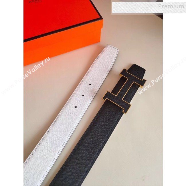 Hermes Oscar Reversible Calfskin Belt 38mm with H Buckle Black/White 2019 (99-9120706)