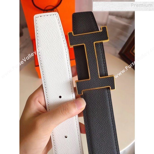 Hermes Oscar Reversible Calfskin Belt 38mm with H Buckle Black/White 2019 (99-9120706)