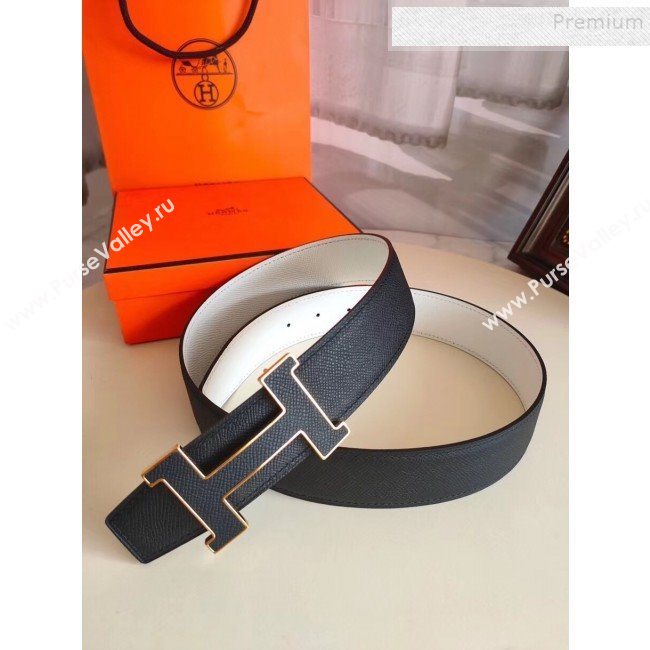 Hermes Oscar Reversible Calfskin Belt 38mm with H Buckle Black/White 2019 (99-9120706)