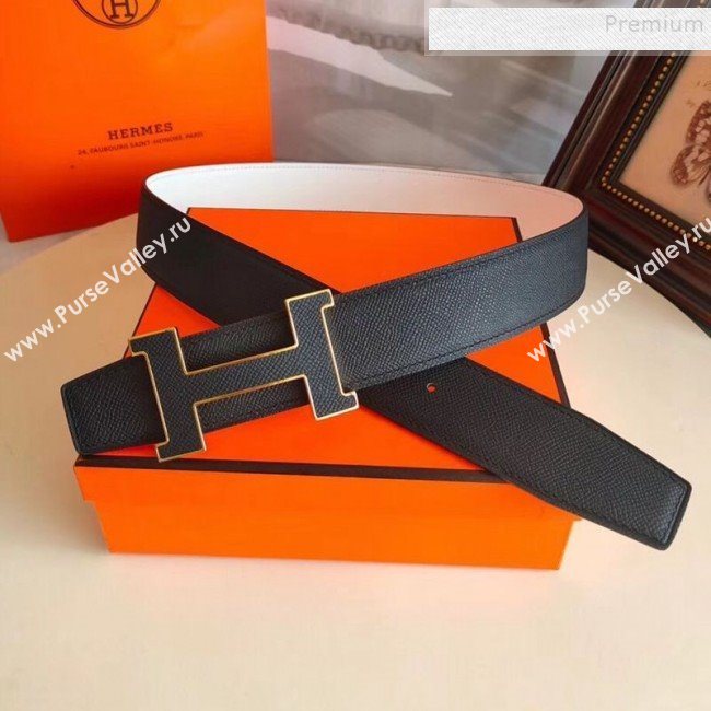 Hermes Oscar Reversible Calfskin Belt 38mm with H Buckle Black/White 2019 (99-9120706)