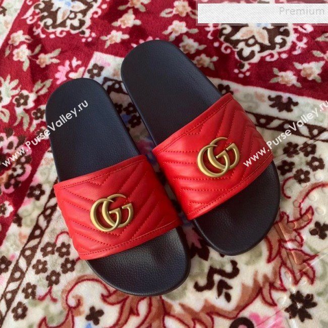 Gucci GG Marmont Leather Flat Slide Sandals Red 2019 (HANB-9120311)