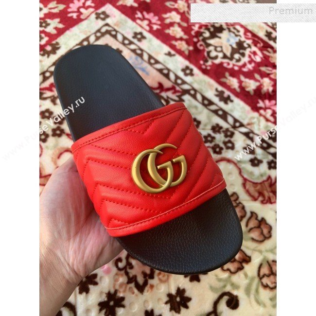 Gucci GG Marmont Leather Flat Slide Sandals Red 2019 (HANB-9120311)