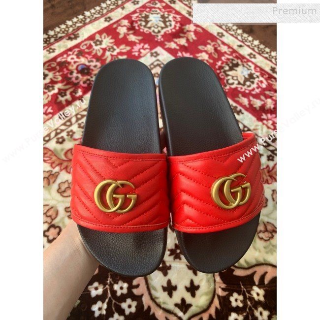 Gucci GG Marmont Leather Flat Slide Sandals Red 2019 (HANB-9120311)