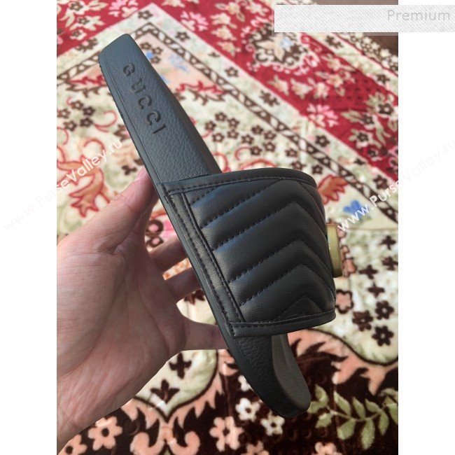 Gucci GG Marmont Leather Flat Slide Sandals Black 2019 (HANB-9120312)
