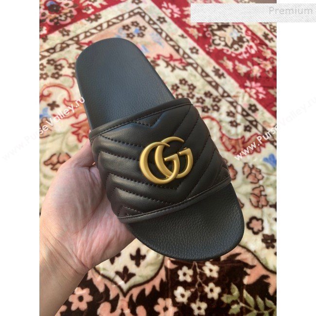 Gucci GG Marmont Leather Flat Slide Sandals Black 2019 (HANB-9120312)