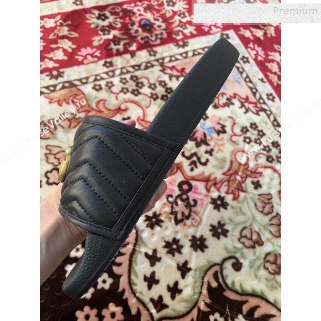 Gucci GG Marmont Leather Flat Slide Sandals Black 2019 (HANB-9120312)