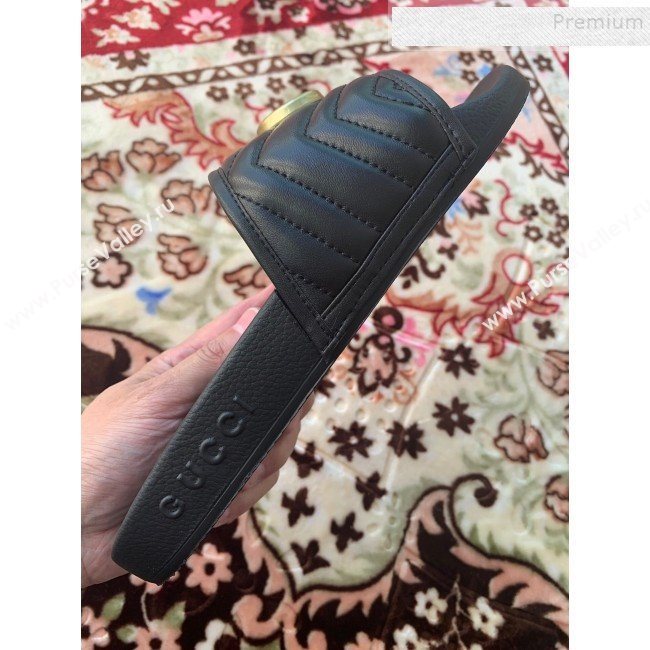 Gucci GG Marmont Leather Flat Slide Sandals Black 2019 (HANB-9120312)