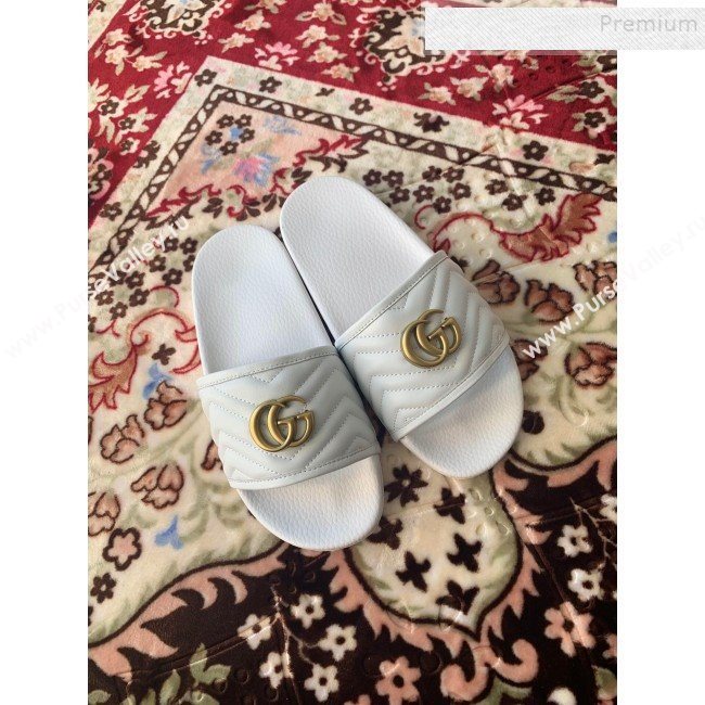 Gucci GG Marmont Leather Flat Slide Sandals White 2019 (HANB-9120309)