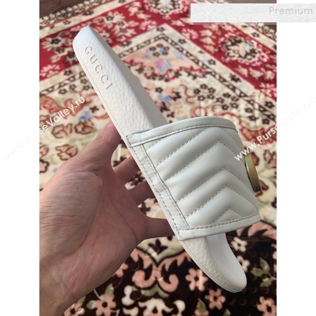 Gucci GG Marmont Leather Flat Slide Sandals White 2019 (HANB-9120309)